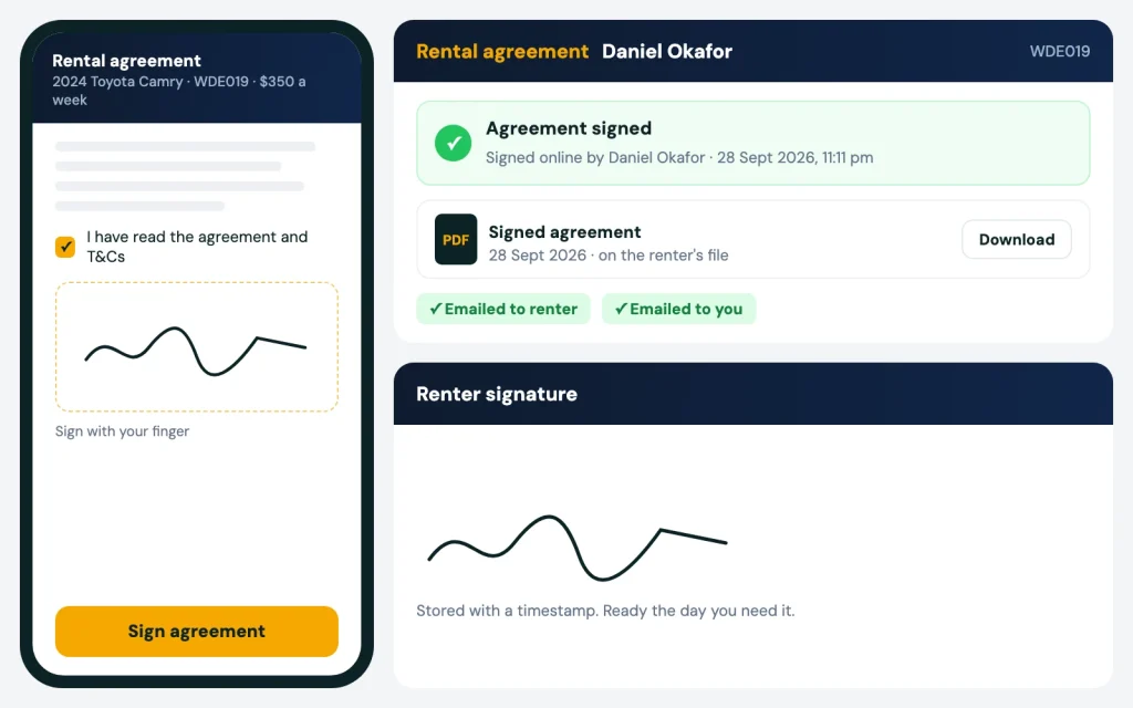 Car rental agreement signed on the renter's phone, with copies emailed to both