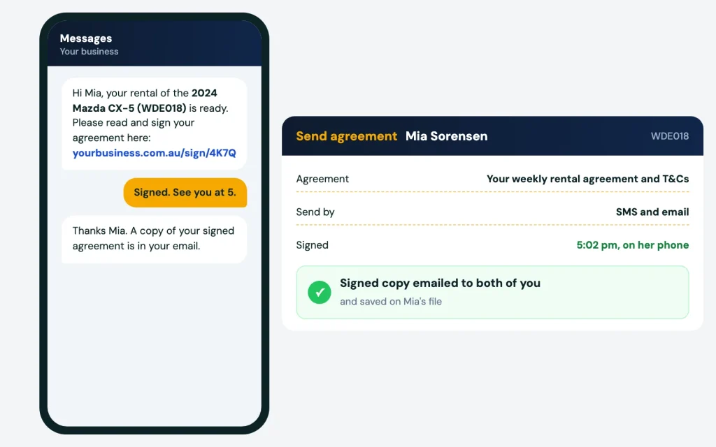 Rental agreement link sent to the renter by SMS