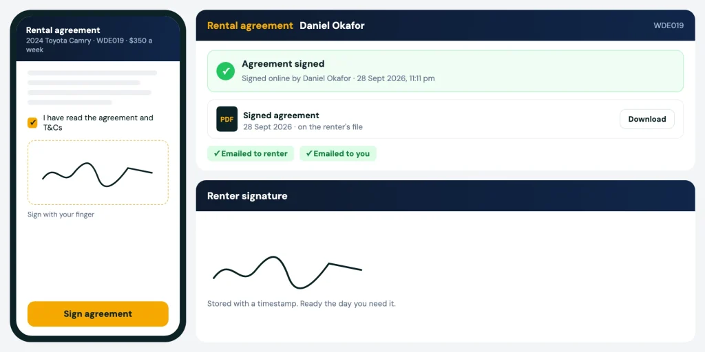 Car rental agreement signed on the renter's phone