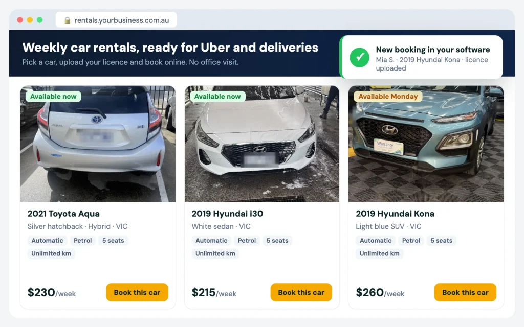 Car rental booking system: your own booking website listing cars with weekly prices and a Book this car button