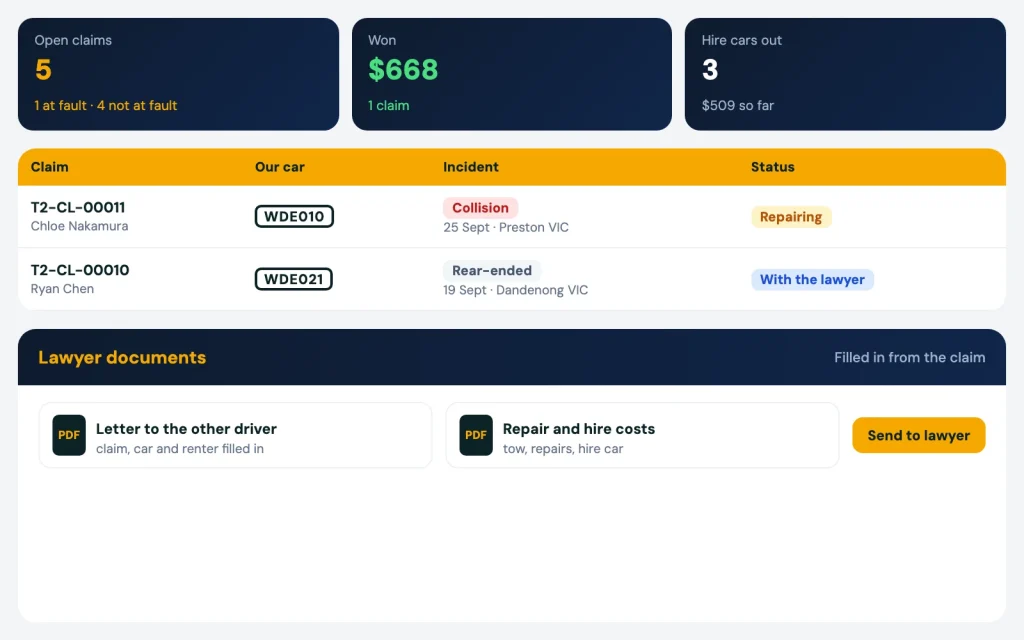 Claims management software register with open claims and lawyer documents
