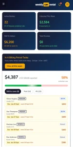 Weekly Car Rental dashboard on a phone showing weekly payments still to collect