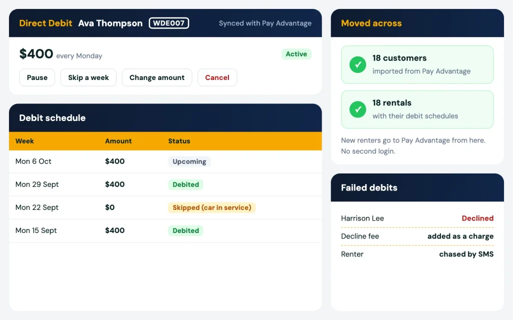 Pay Advantage Direct Debit for a renter, with pause, skip and cancel