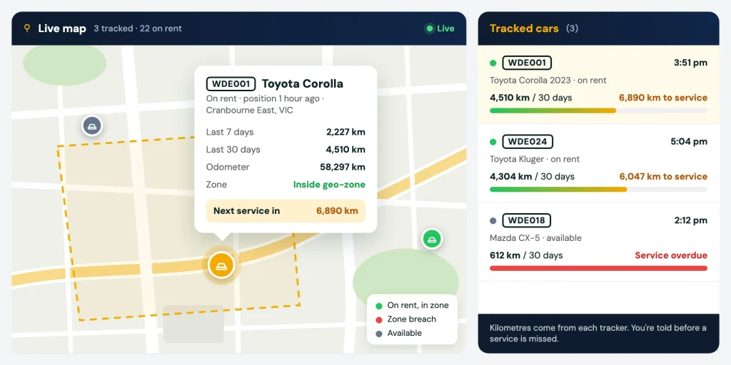 Fleet GPS tracking live map with each rental car, kilometres in the last 30 days and kilometres to the next service