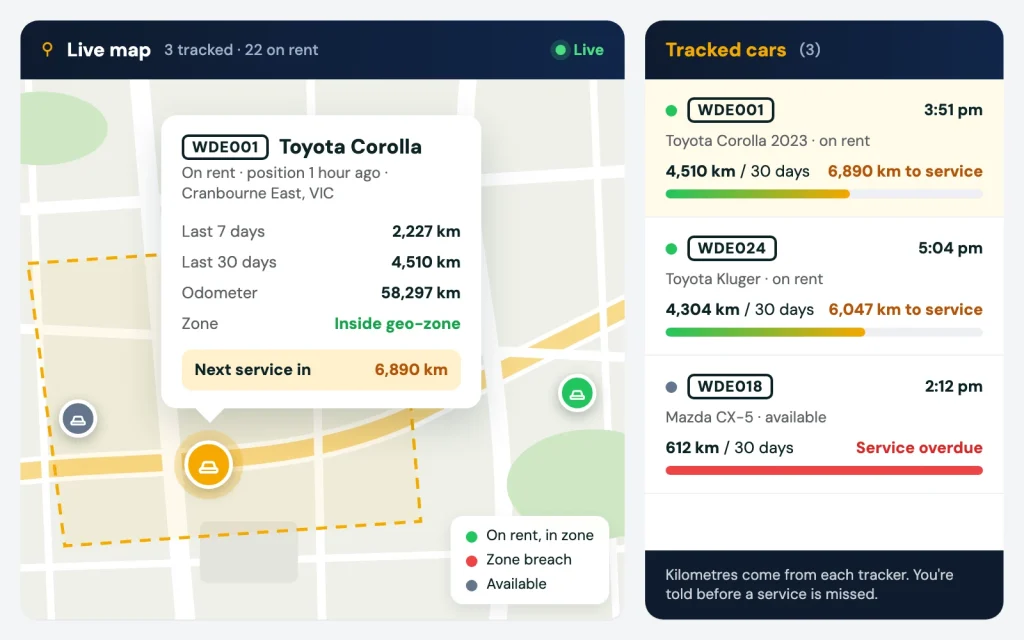 Fleet GPS tracking live map with kilometres to the next service