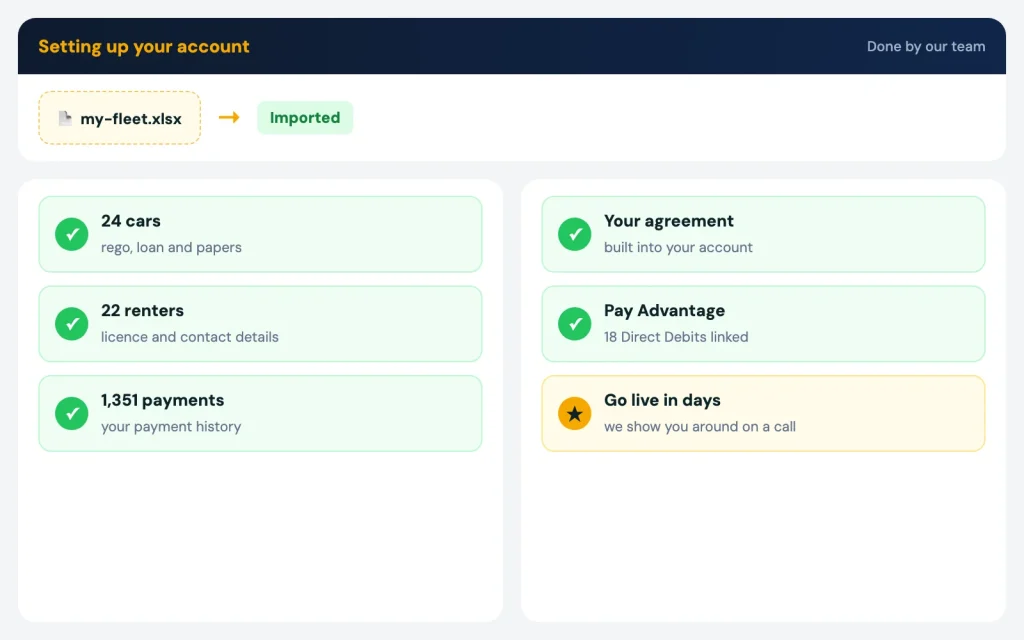 Spreadsheet import of cars, renters and payment history during setup