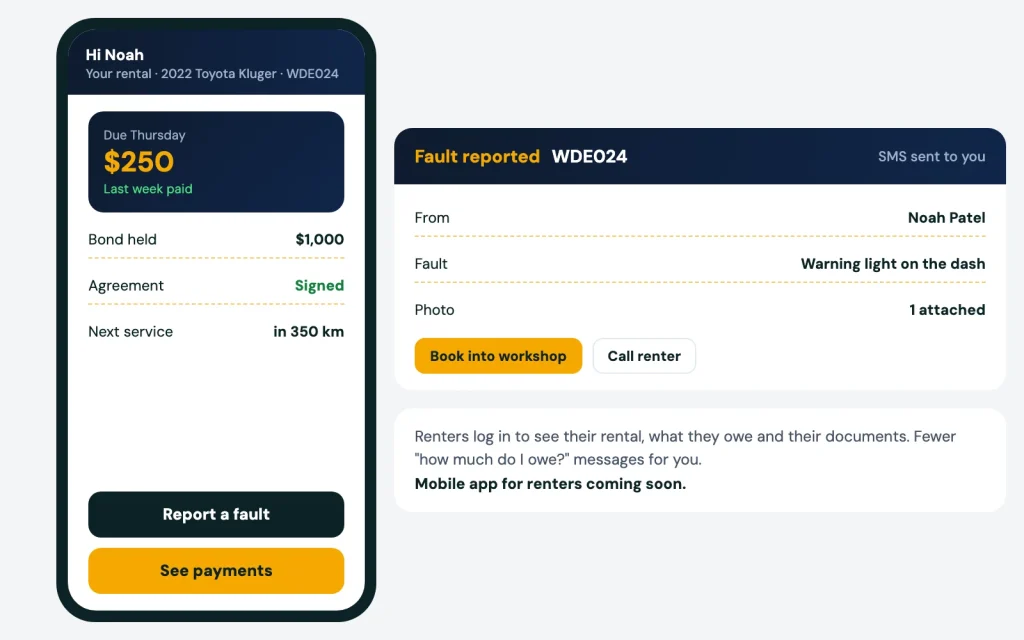 Renter portal on a phone showing what is owed and a fault report